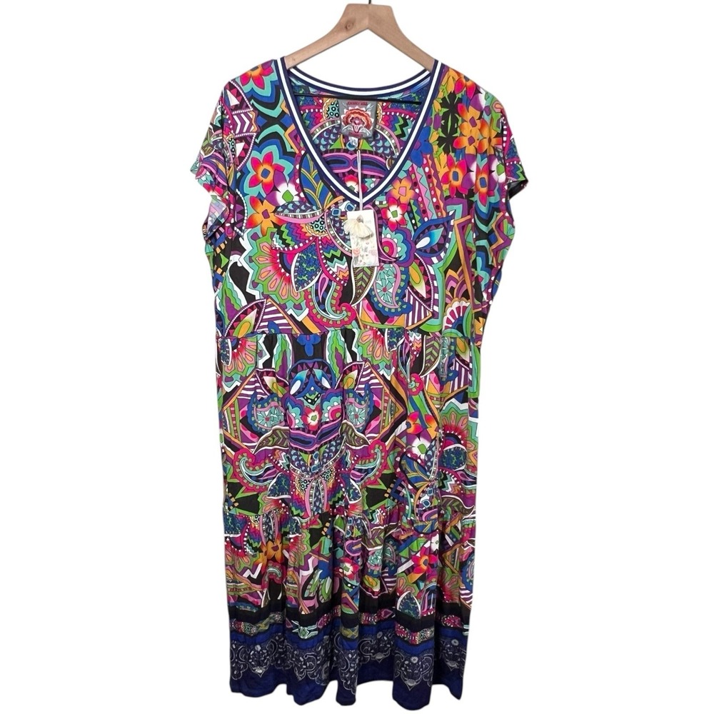 NWT Johnny Was Womens XL Janie Favorite Demarne Print Tiered Tea Length Dress